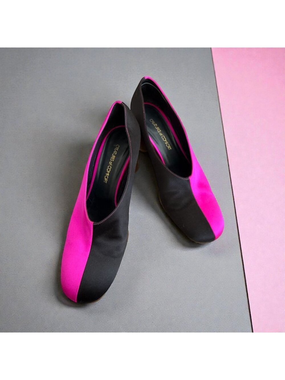 CREATURES OF COMFORT Split Pink Black Satin Heels Size 40 / 10